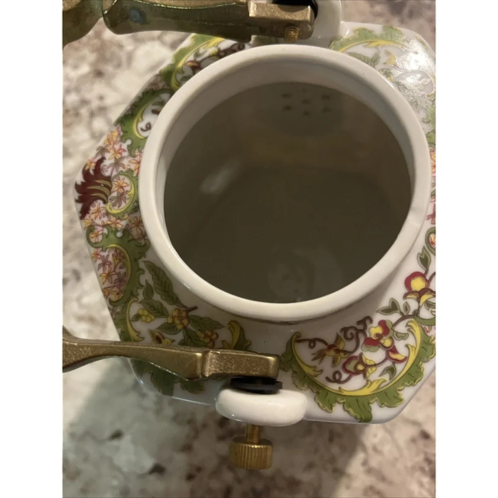 Vintage Japanese‎ Toyo Ming Lotus Hexagon Floral Tea Kettle W/Brass Handle VGUC